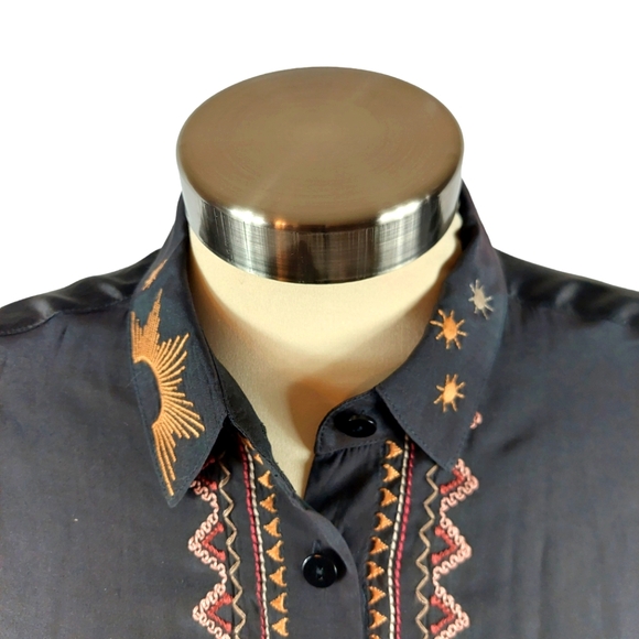 Johnny Was CALME Black Silk Blend Embroidered Long Sleeve Blouse - Picture 4 of 10